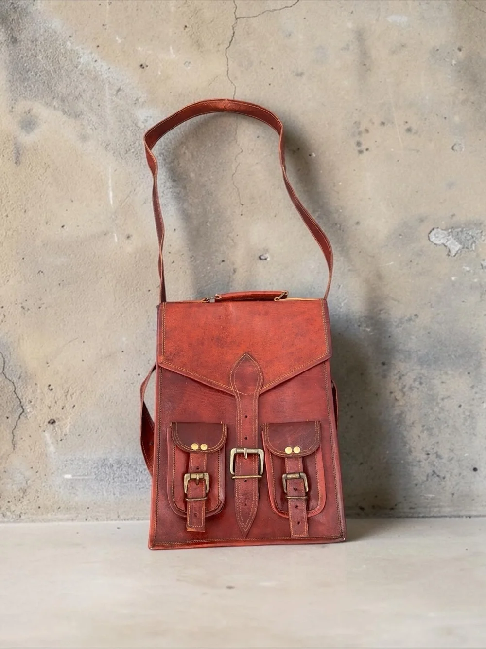 VINTAGE RUSTIC LEATHER SATCHEL CROSSBODY BAG